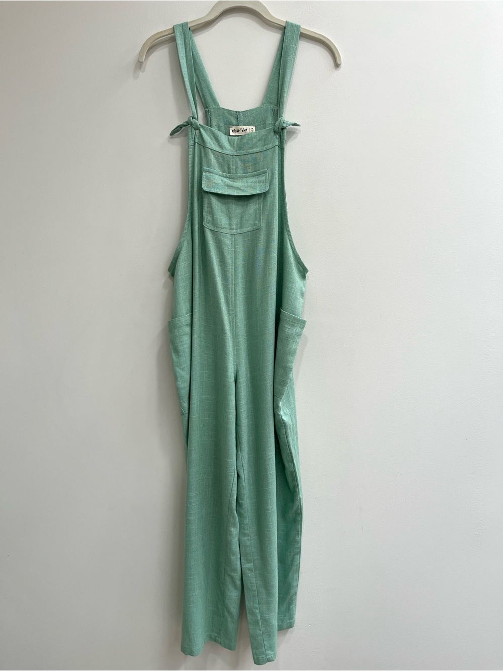 New In mint green wide leg overalls jumpsuit cotton linen relaxed casual medium